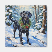 ブラックラブの静かな冬の森 クリスマス ホリデー マグネット (正面)