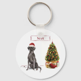 ブラックラブの面白いクリスマス犬とツリー キーホルダー