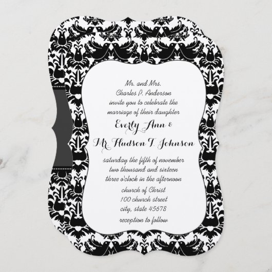 ブラックラブバードダマスクの結婚式 招待状 (正面/裏面)