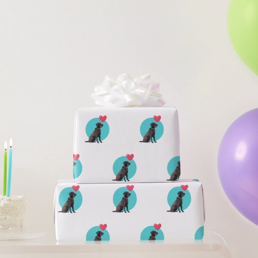 ブラックラブラドールとハートバルーン包装紙 ラッピングペーパー (パーティーギフト)