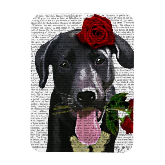 ブラックラブラドールとバラ マグネット (縦)