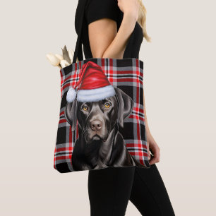 ブラックラブラドールのクリスマス犬のシーズンプレイド トートバッグ