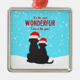ブラックラブラドールのサンタ犬スクエアクリスマスオーナメント メタルオーナメント