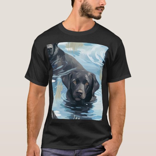 ブラックラブラドールの水泳パターン Tシャツ (正面)