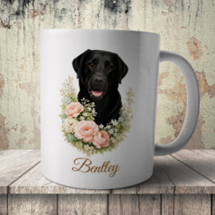 ブラックラブラドールの花の肖像 コーヒーマグカップ