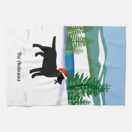 ブラックラブラドールクリスマスエバーグリーンサンタハット キッチンタオル