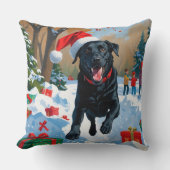 ブラックラブラドールクリスマスフェスティバルスノーシーン クッション (正面)