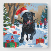 ブラックラブラドールクリスマスフェスティバルスノーシーン スクエア壁時計 (正面)