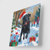 ブラックラブラドールクリスマスフェスティバルスノーシーン スクエア壁時計 (傾斜)