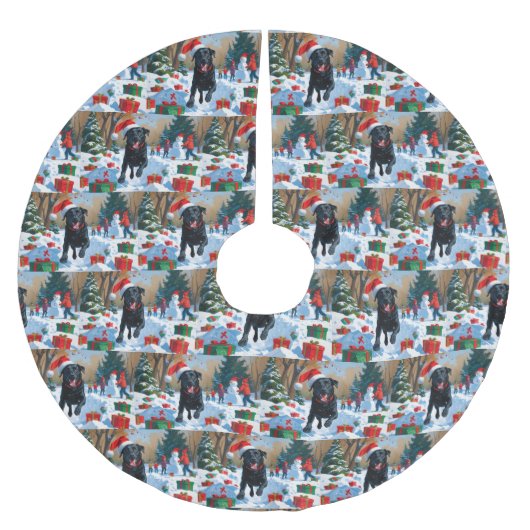 ブラックラブラドールクリスマスフェスティバルスノーシーン ブラッシュドポリエステルツリースカート (正面)