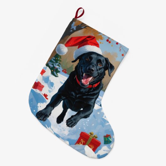 ブラックラブラドールクリスマスフェスティバルスノーシーン ラージクリスマスストッキング (正面 (吊り時))