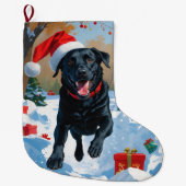 ブラックラブラドールクリスマスフェスティバルスノーシーン ラージクリスマスストッキング (正面)