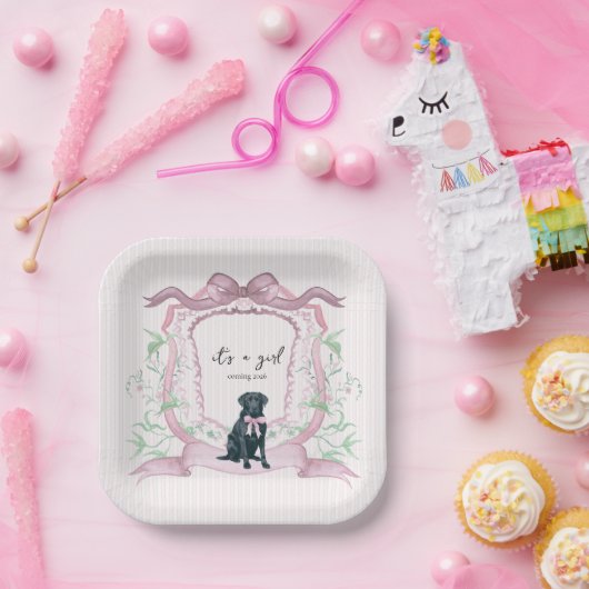 ブラックラブラドールコケットピンクカスタマイズ可能なクレスト ペーパープレート (パーティー)