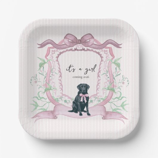 ブラックラブラドールコケットピンクカスタマイズ可能なクレスト ペーパープレート (正面)