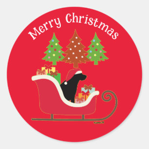 ブラックラブラドールシルエットクリスマスそり赤 ラウンドシール