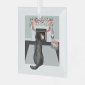 ブラックラブラドールドッグクリスマス暖炉シーン ガラスオーナメント (正面左)