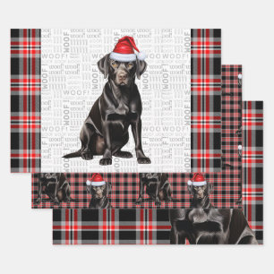 ブラックラブラドールドッグレッドプレイドクリスマス ラッピングペーパーシート
