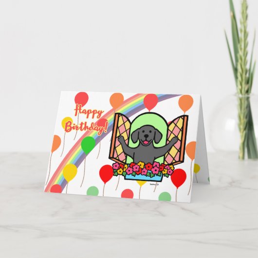 ブラックラブラドールバルーン誕生日カード(ウィンドウ) カード (正面)