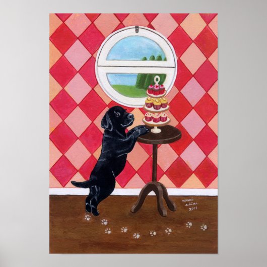 ブラックラブラドールパピー&カップケーキのアートワーク ポスター (正面)