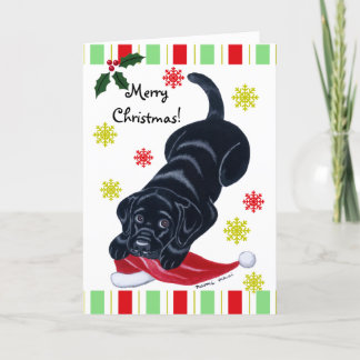 ブラックラブラドールパピー&サンタハットクリスマス シーズンカード