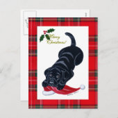 ブラックラブラドールパピー&サンタハットクリスマス シーズンポストカード (正面/裏面)