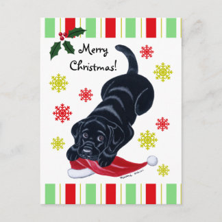 ブラックラブラドールパピー&サンタハットクリスマス シーズンポストカード