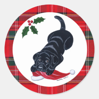 ブラックラブラドールパピー&サンタハットクリスマス ラウンドシール