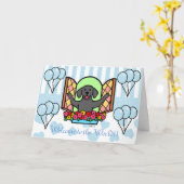 ブラックラブラドールブルー新生児ボーイおめでとう カード (黄色い花)