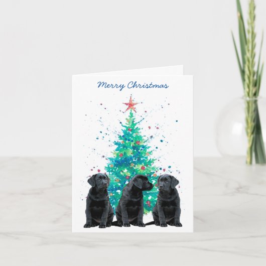 ブラックラブラドールメリークリスマスかわいい犬の子犬 シーズンカード (正面)
