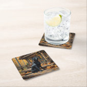 ブラックラブラドールリトリエバーログキャビン秋 スクエアペーパーコースター (インサイチュ)