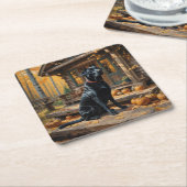 ブラックラブラドールリトリエバーログキャビン秋 スクエアペーパーコースター (アングル)