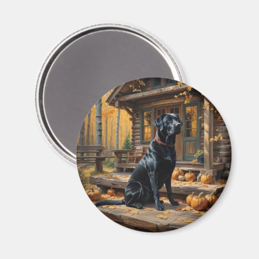 ブラックラブラドールリトリエバーログキャビン秋 マグネット (正面/裏面)