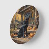 ブラックラブラドールリトリエバーログキャビン秋 ラウンド壁時計 (傾斜)