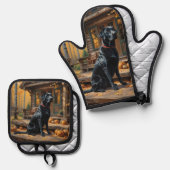 ブラックラブラドールリトリエバーログキャビン秋 鍋つかみ&鍋敷きセット (正面/裏面)