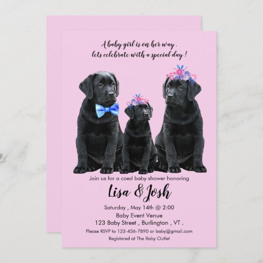 ブラックラブラドールレトリエバーベビーシャワー招待状 案内状 (正面/裏面)