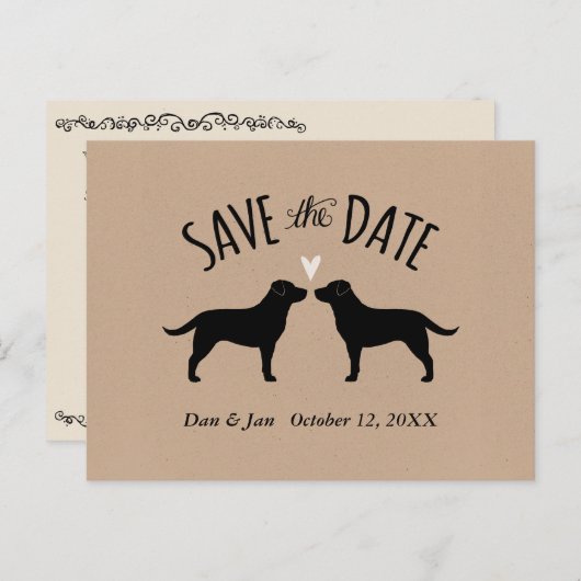 ブラックラブラドールレトリバーウェディング日付を保存 案内ポストカード (正面/裏面)