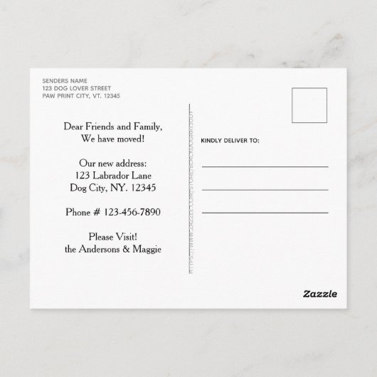 ブラックラブラドール引っ越しました犬の移動発表 ポストカード (裏面)