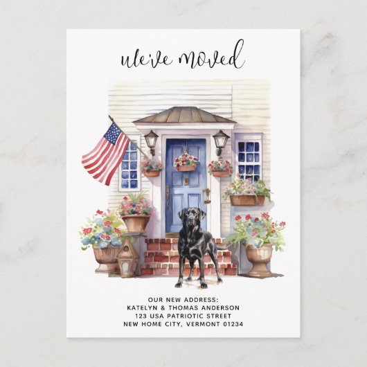 ブラックラブラドール愛国パーソナライズされた犬の移動 案内ポストカード (正面)