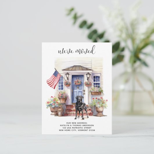 ブラックラブラドール愛国パーソナライズされた犬の移動 案内ポストカード (スタンド正面)