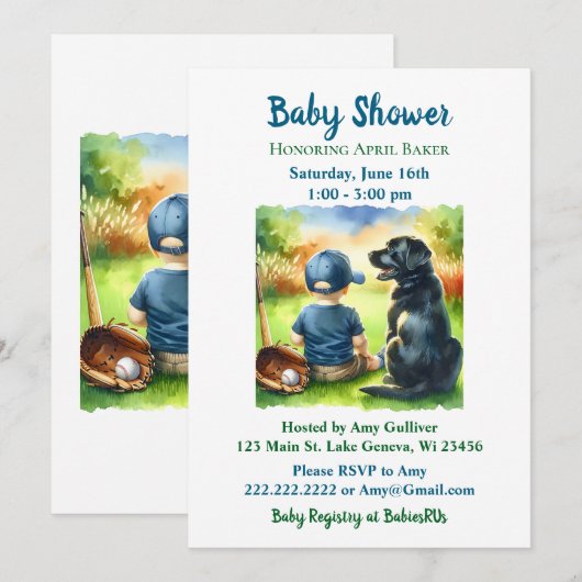 ブラックラボと男の赤ちゃん野球をテーマにした赤ちゃんシャワー 招待状 (正面/裏面)