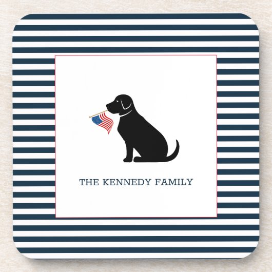 ブラックラボアメリカンパーソナライズされたフラッグファミリー名 コースター (正面)
