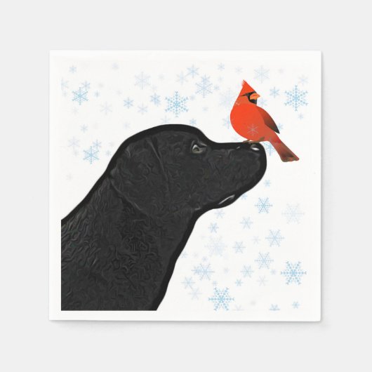 ブラックラボクリスマス(鳥)ショウジョウコウカンチョウ – かわいいラブラドール犬 スタンダードカクテルナプキン (正面)