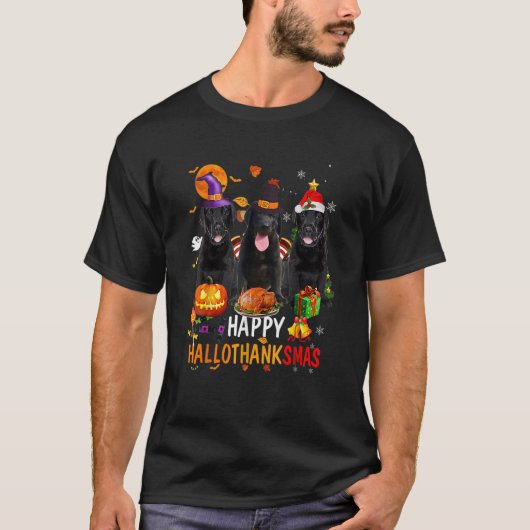 ブラックラボドッグハロウィンメリークリスマスハッピーホール Tシャツ (正面)