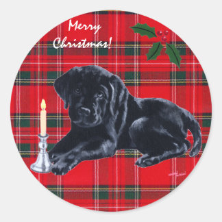 ブラックラボパピークリスマスステッカータータンチェック ラウンドシール
