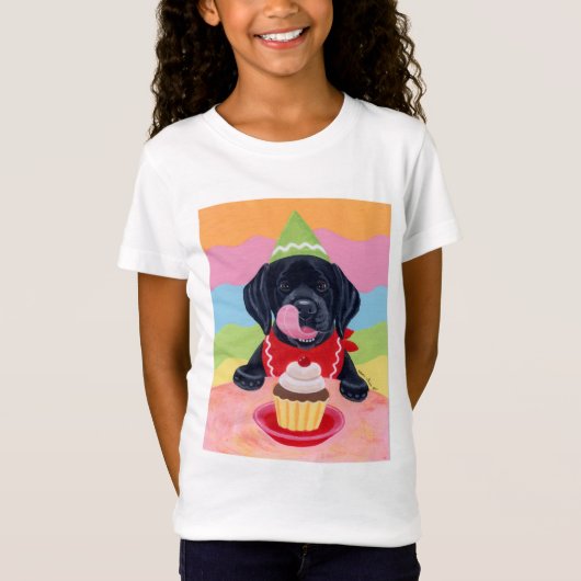 ブラックラボパピー誕生日カップケ絵画ーキ Tシャツ (正面)