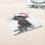 ブラックラボパピーinクリスマスサンタハットカスタム文字 スクエアペーパーコースター (アングル)