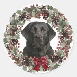 ブラックラボレッドボウピネコーンリースクリスマス ラウンドシール