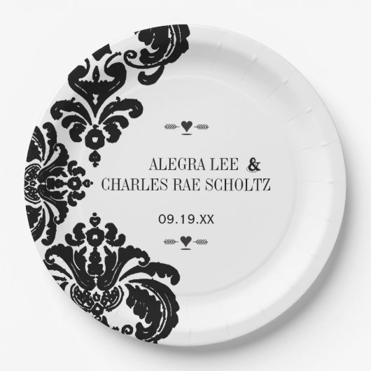 ブラックラ素朴ックスヴィンテージダマスクウェディング ペーパープレート (正面)