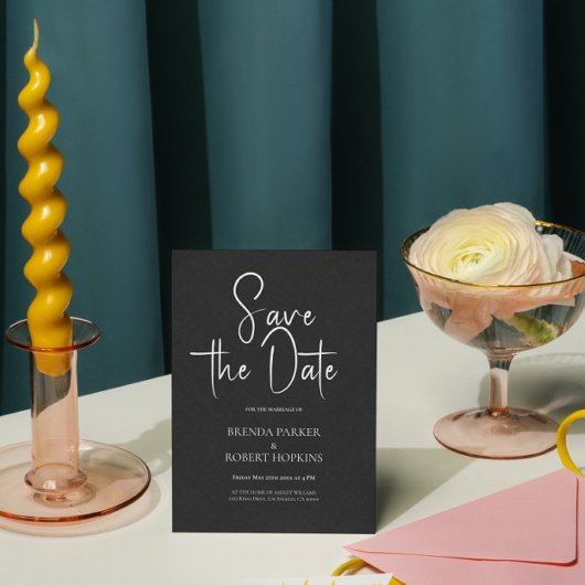 ブラックリネンシンプルブラックスクリプト日付の保存 招待状