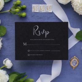 ブラックリネンシンプルブラックスクリプトRSVPカード 招待状